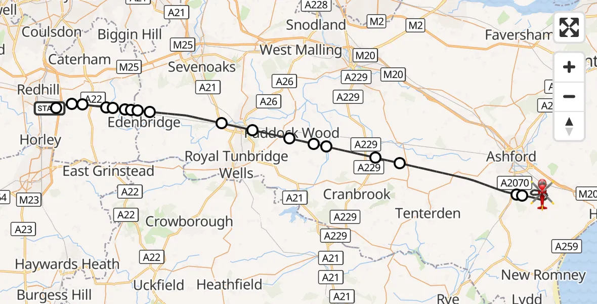 Flight route Air Ambulance Helicopter Redhill Aerodrome - Ashford, 26 August 2026, 22:10