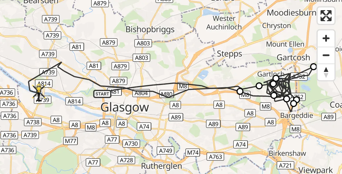 Flight route Police Helicopter Glasgow - Glasgow, 26 August 2026, 23:27