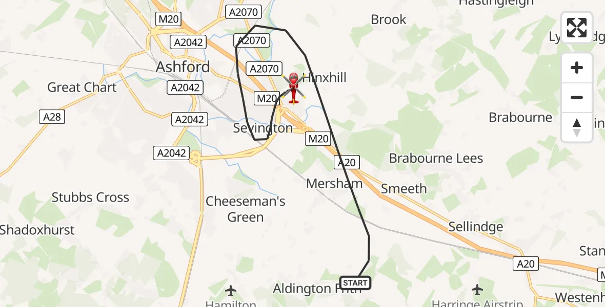 Flight route Air Ambulance Helicopter Ashford - Ashford, 26 August 2026, 23:44