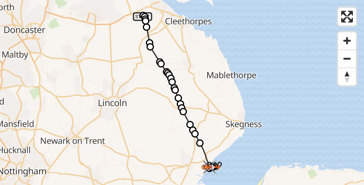 Flight route Coastguard Helicopter Humberside Airport - Boston, 27 August 2026, 00:19