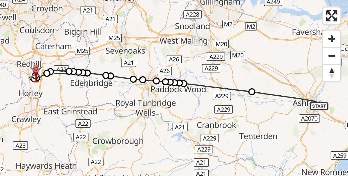 Flight route Air Ambulance Helicopter Ashford - Redhill Aerodrome, 27 August 2026, 00:34