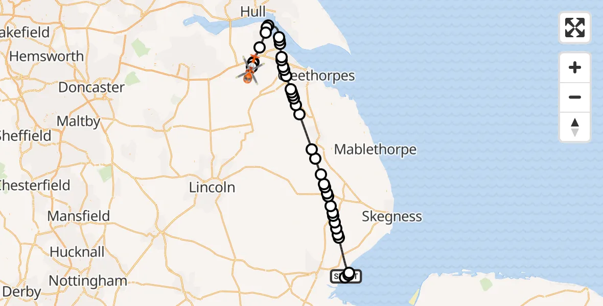 Flight route Coastguard Helicopter Boston - Humberside Airport, 27 August 2026, 01:08