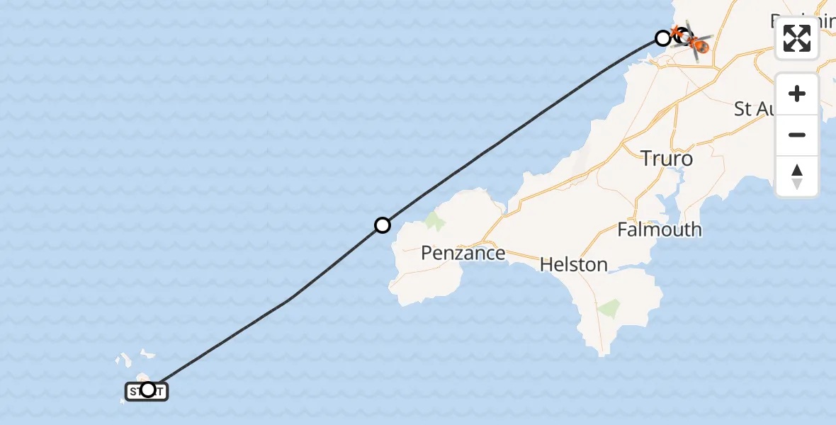 Flight route Coastguard Helicopter St. Mary's Airport - Cornwall Airport Newquay, 27 August 2026, 06:45