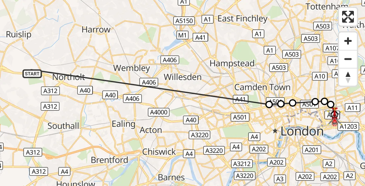 Flight route Air Ambulance Helicopter RAF Northolt - Royal London Hospital, 27 August 2026, 07:05