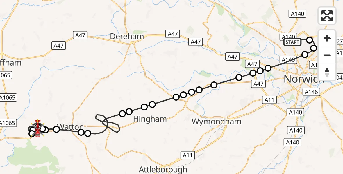 Flight route Air Ambulance Helicopter Norwich Airport - Breckland, 27 August 2026, 07:15