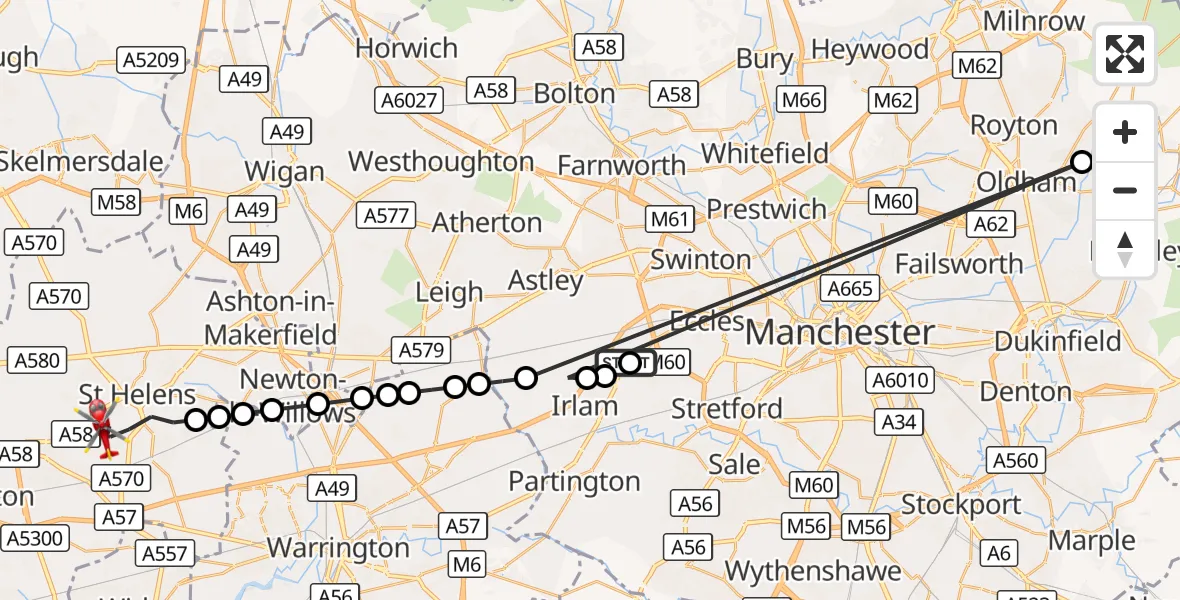 Flight route Air Ambulance Helicopter Manchester Barton Aerodrome - St Helens, 27 August 2026, 07:20