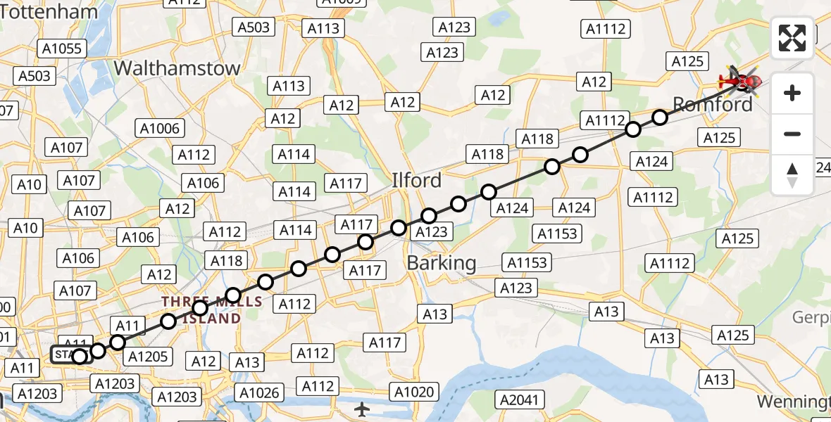 Flight route Air Ambulance Helicopter Royal London Hospital - Gidea Park, 27 August 2026, 07:30