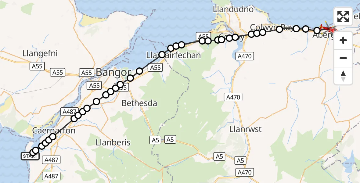 Flight route Air Ambulance Helicopter Caernarfon Airport - Abergele, 27 August 2026, 07:36