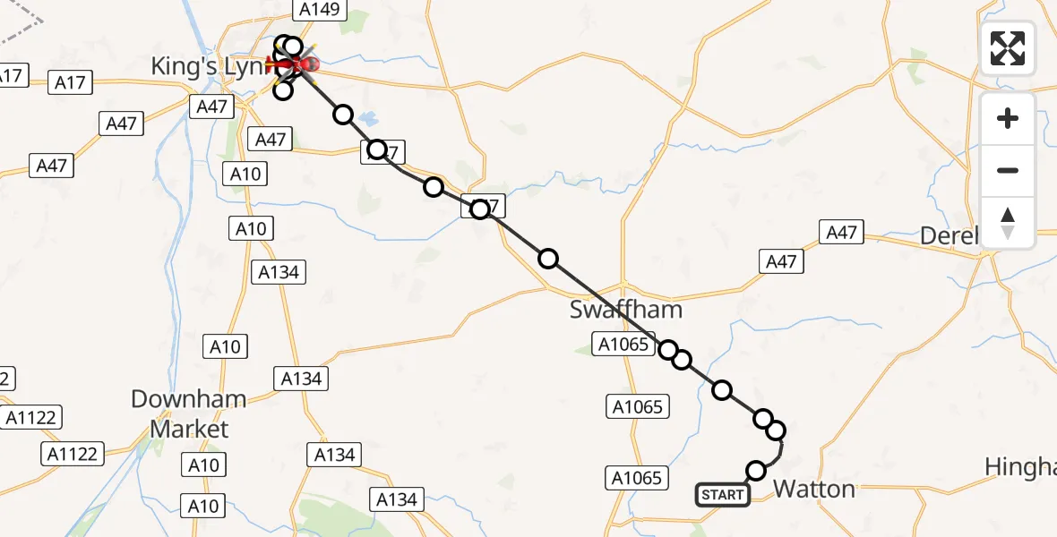 Flight route Air Ambulance Helicopter Breckland - King's Lynn and West Norfolk, 27 August 2026, 07:46