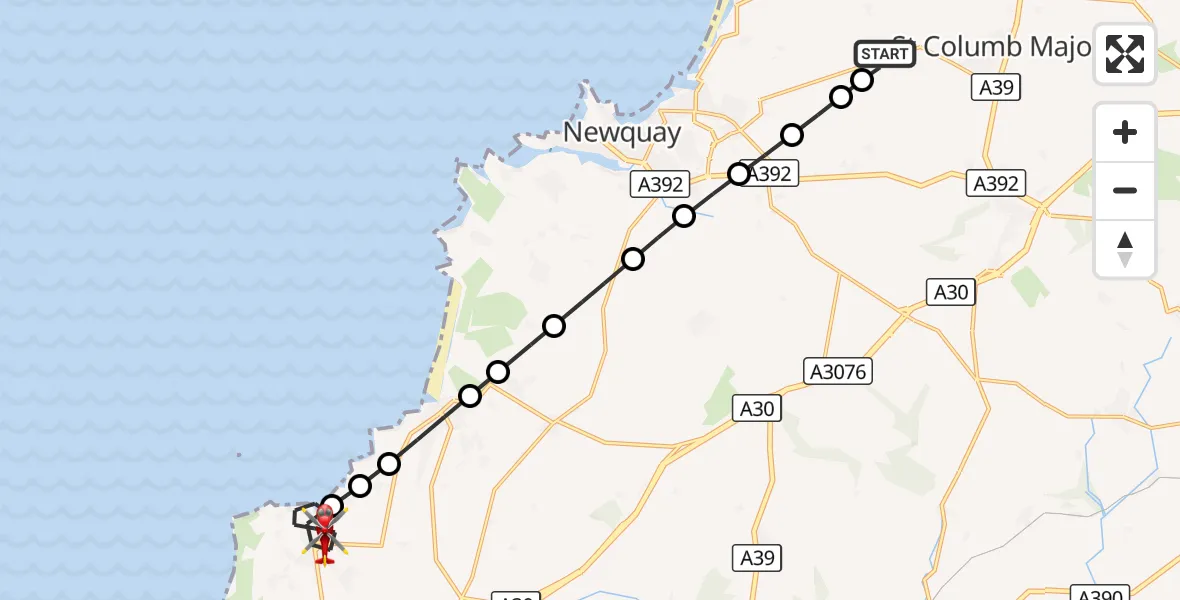 Flight route Air Ambulance Helicopter Cornwall Airport Newquay - St. Agnes, 27 August 2026, 08:02