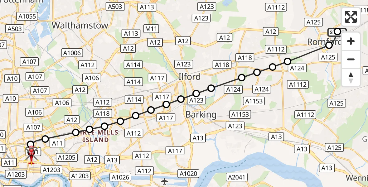 Flight route Air Ambulance Helicopter Gidea Park - Royal London Hospital, 27 August 2026, 08:08