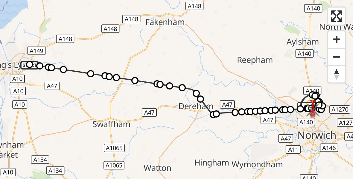 Flight route Air Ambulance Helicopter Queen Elizabeth Hospital - Norwich Airport, 27 August 2026, 08:14