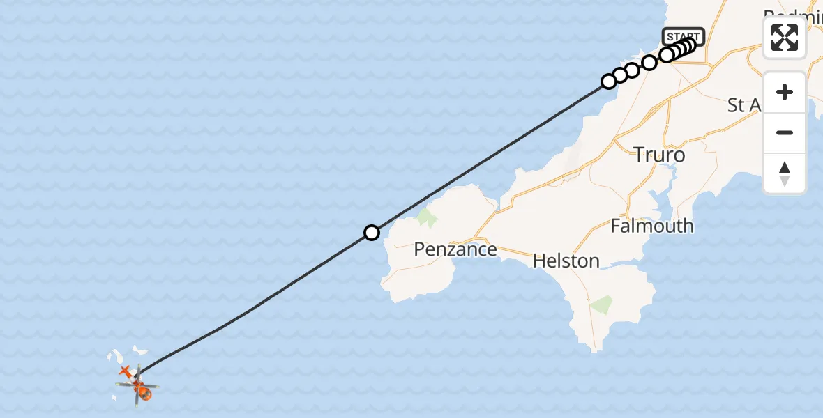 Flight route Coastguard Helicopter Cornwall Airport Newquay - St. Mary's Airport, 27 August 2026, 08:36
