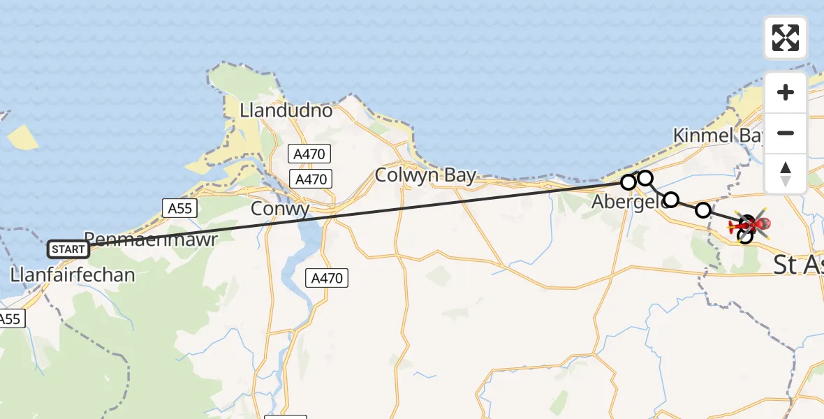 Flight route Air Ambulance Helicopter Llanfairfechan - Ysbyty Glan Clywd Hospital Heliport, 27 August 2026, 08:42