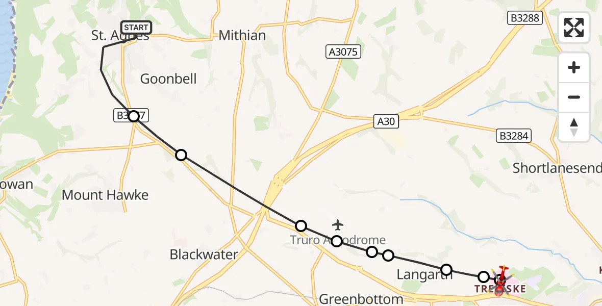 Flight route Air Ambulance Helicopter St. Agnes - Treliske Hospital, 27 August 2026, 08:54