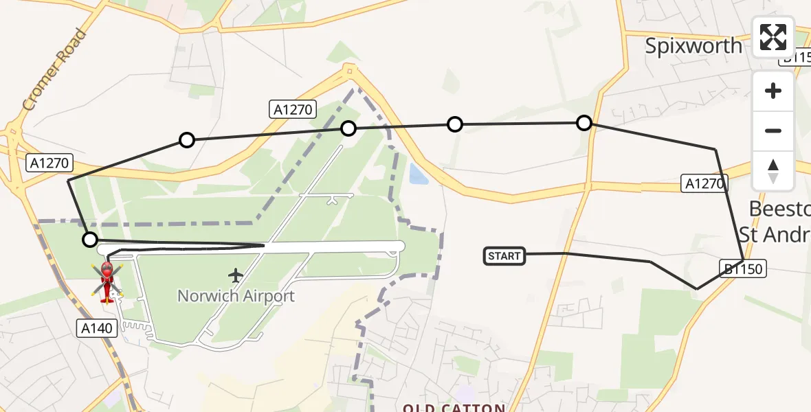 Flight route Air Ambulance Helicopter Beeston St Andrew - Norwich Airport, 27 August 2026, 09:12