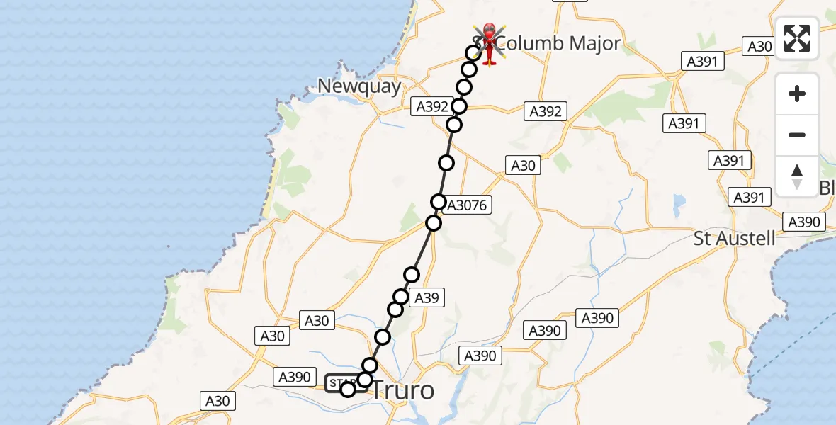 Flight route Air Ambulance Helicopter Treliske Hospital - Cornwall Airport Newquay, 27 August 2026, 09:39