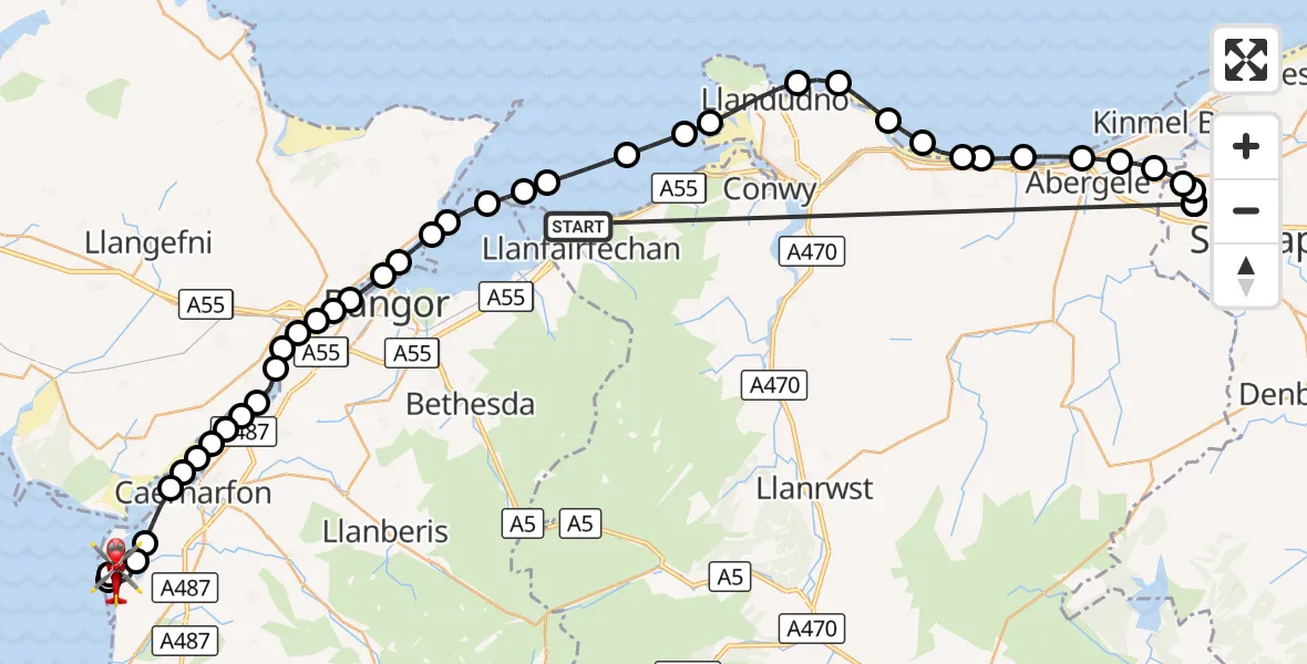 Flight route Air Ambulance Helicopter Llanfairfechan - Caernarfon Airport, 27 August 2026, 09:45