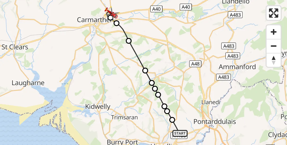 Flight route Air Ambulance Helicopter Dafen - Abergwili, 27 August 2026, 09:56