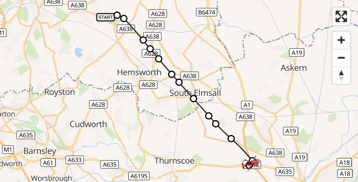 Flight route Air Ambulance Helicopter YAA Nostell Helicopter Port - Marr, 27 August 2026, 10:34