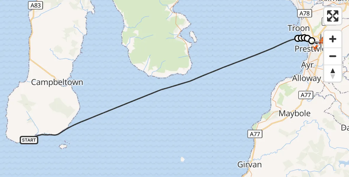 Flight route Coastguard Helicopter Inner Seas - Glasgow Prestwick Airport, 27 August 2026, 10:42