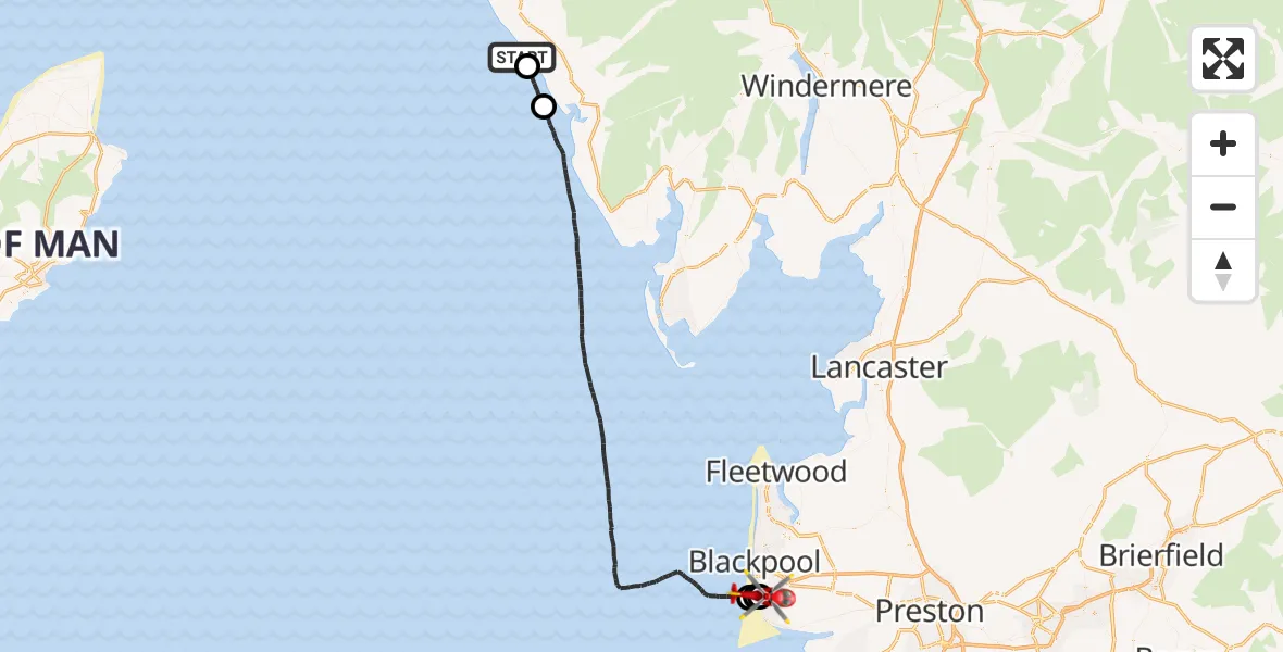 Flight route Air Ambulance Helicopter Beckermet - Blackpool Airport, 27 August 2026, 10:49