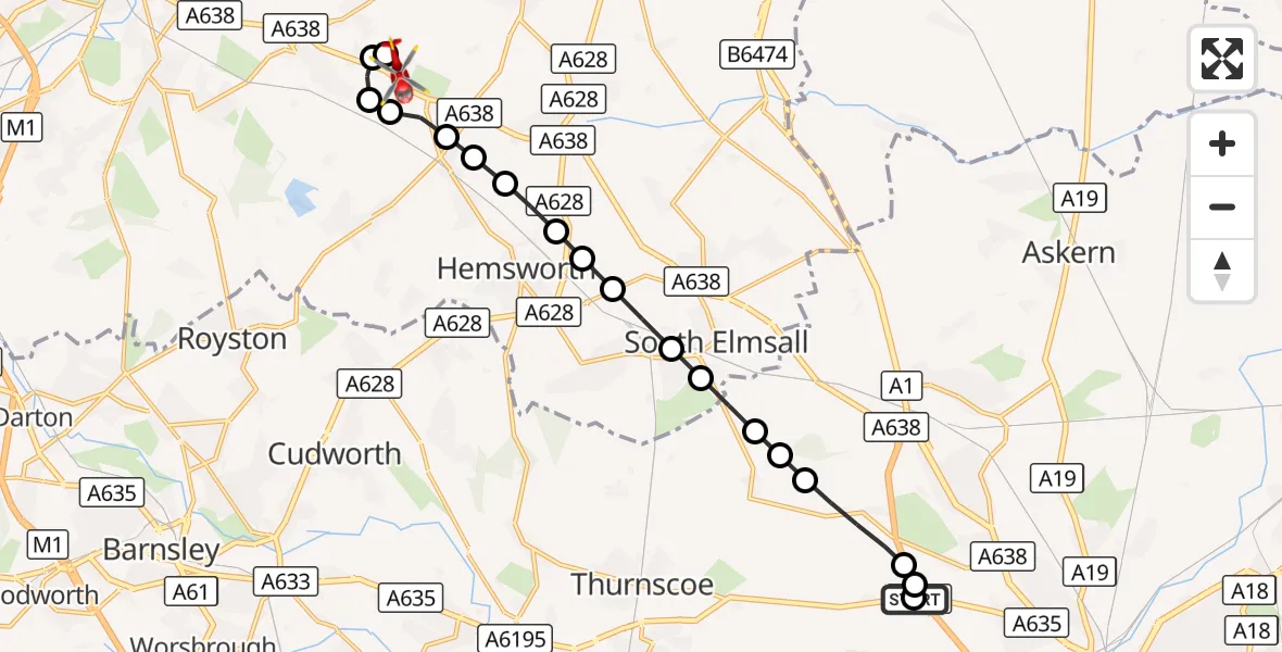 Flight route Air Ambulance Helicopter Marr - YAA Nostell Helicopter Port, 27 August 2026, 10:50