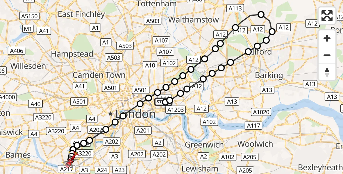 Flight route Air Ambulance Helicopter Royal London Hospital - London Heliport, 27 August 2026, 10:53