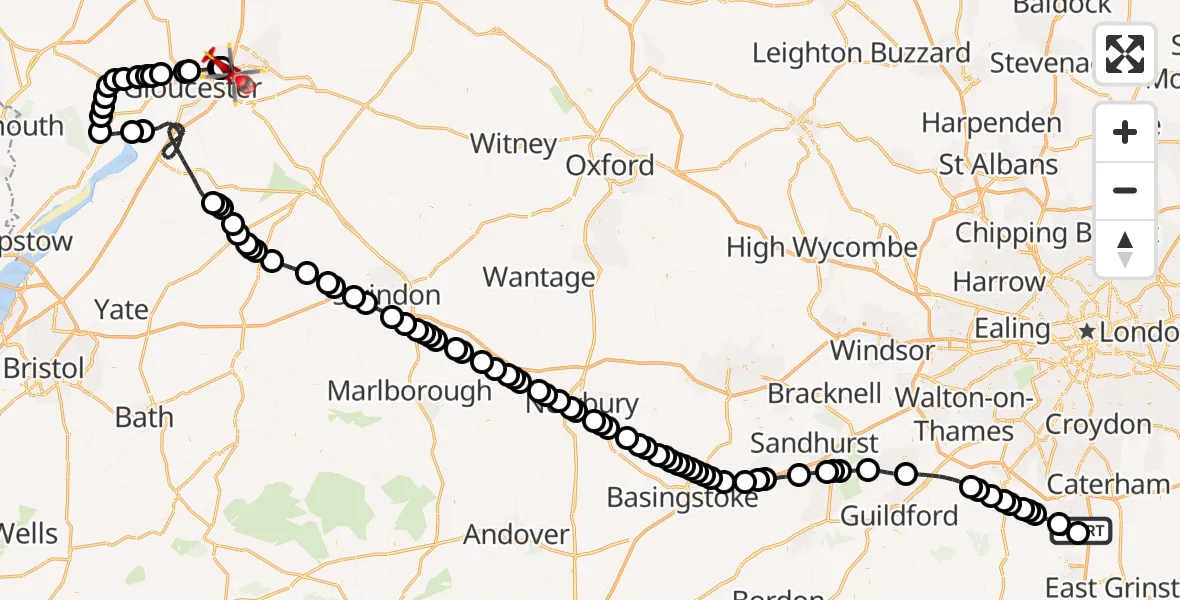 Flight route Air Ambulance Helicopter Redhill Aerodrome - Gloucestershire Airport, 27 August 2026, 10:58
