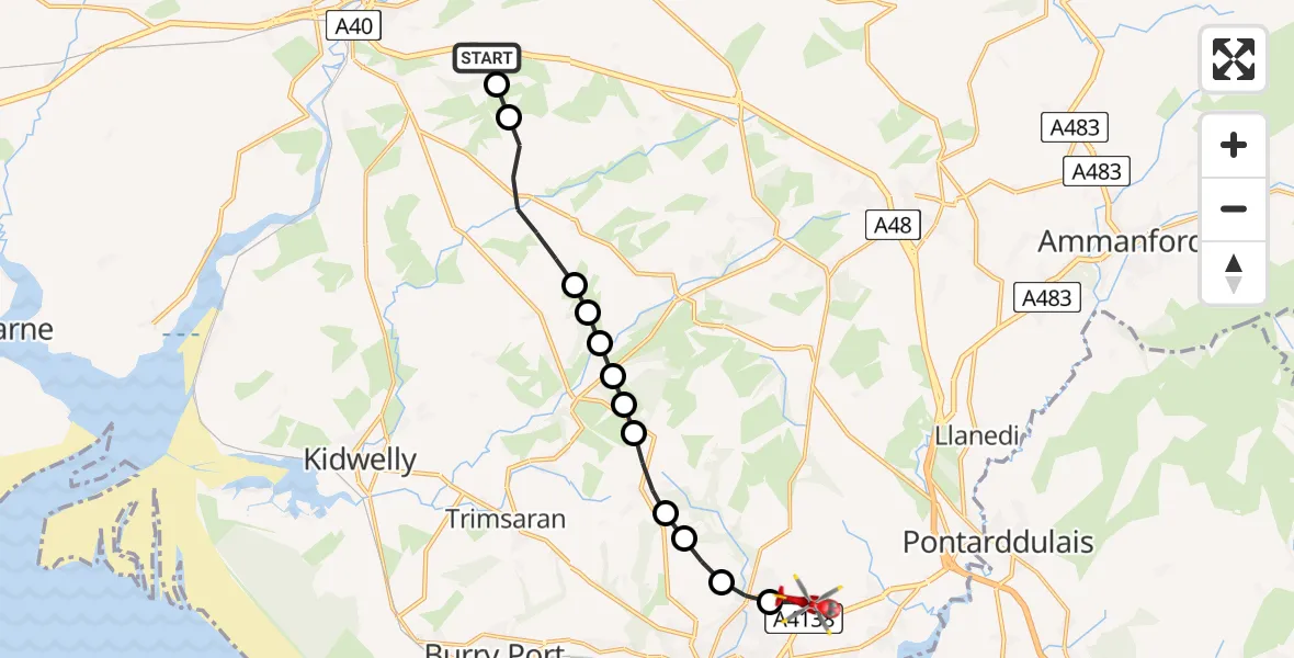 Flight route Air Ambulance Helicopter Carmarthen - Dafen, 27 August 2026, 11:06