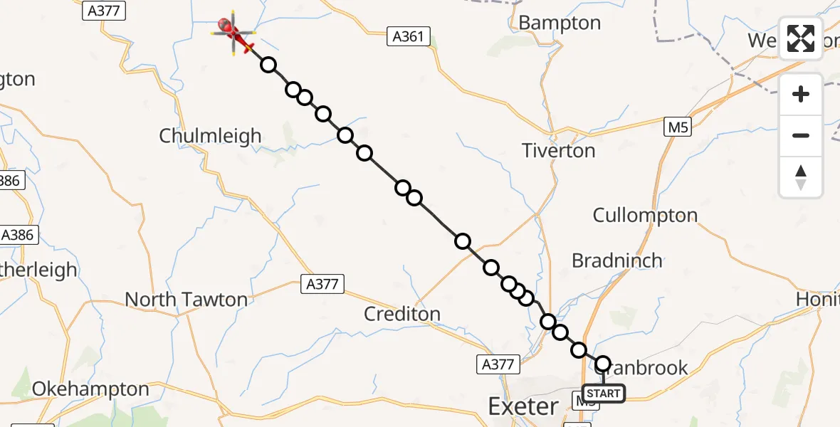 Flight route Air Ambulance Helicopter West Clyst - North Devon, 27 August 2026, 11:12