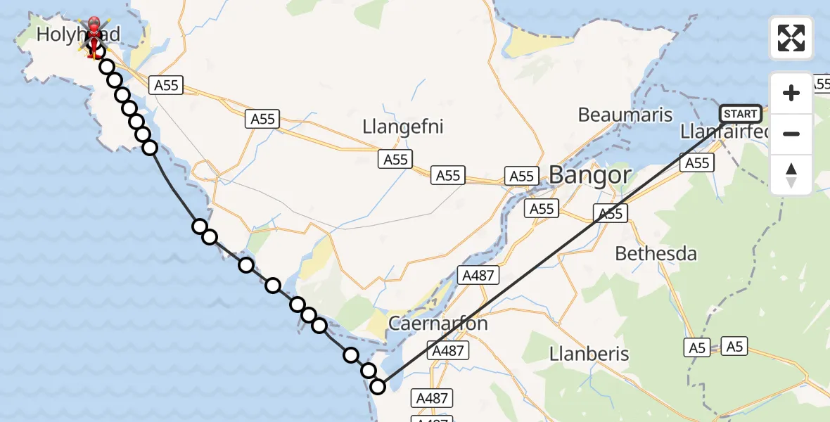 Flight route Air Ambulance Helicopter Llanfairfechan - Holyhead, 27 August 2026, 11:14