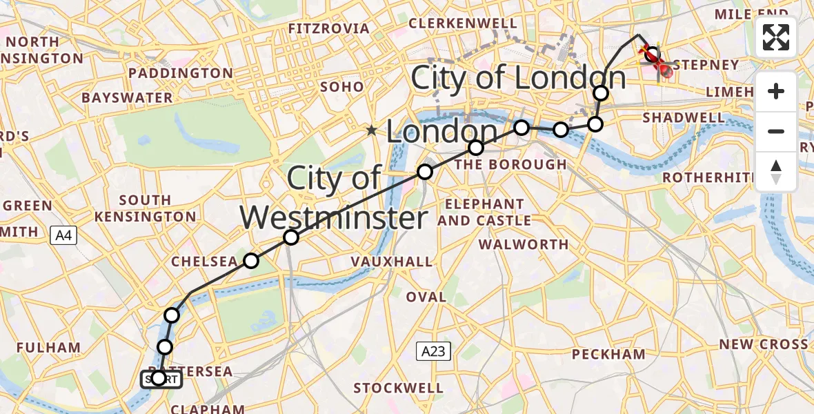 Flight route Air Ambulance Helicopter London Heliport - Royal London Hospital, 27 August 2026, 11:21