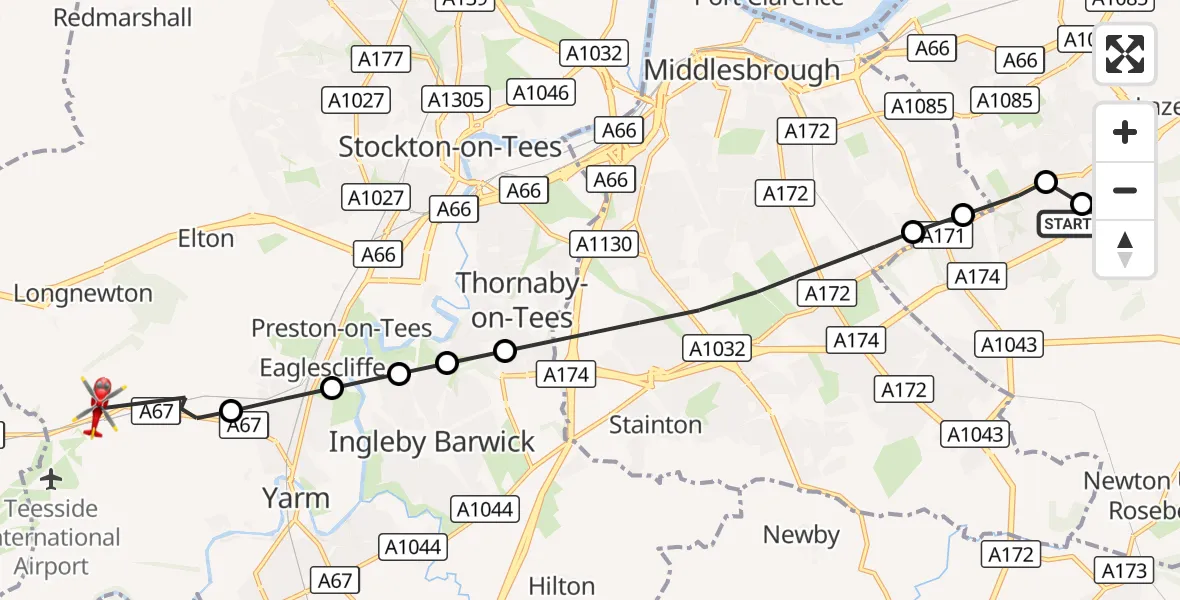 Flight route Air Ambulance Helicopter Eston - Longnewton, 27 August 2026, 11:30