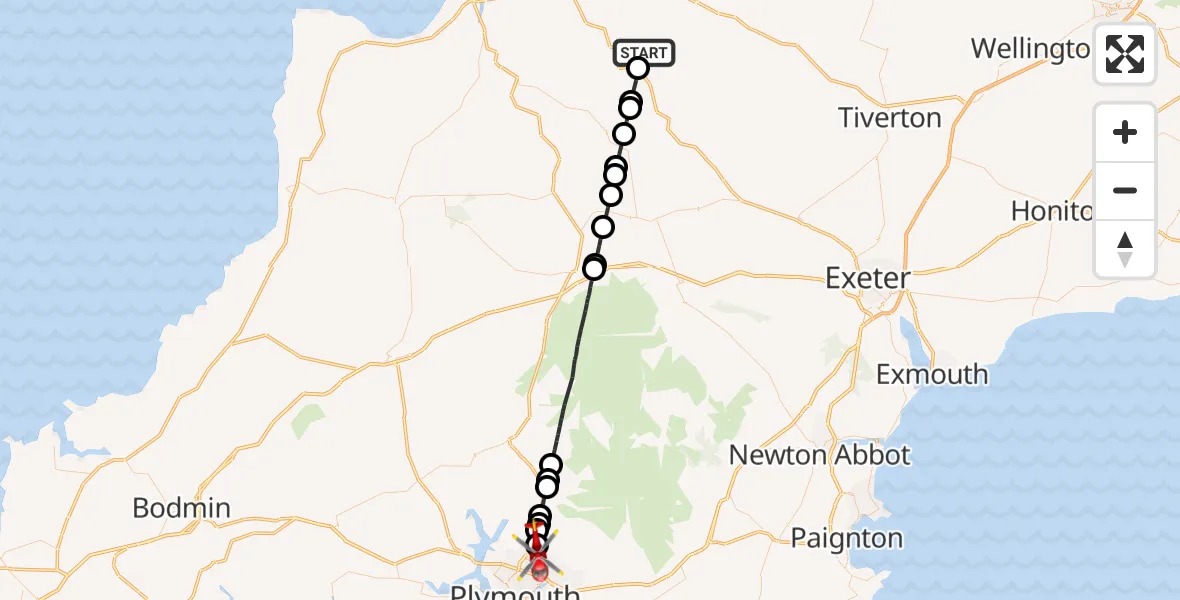 Flight route Air Ambulance Helicopter Chittlehamholt - Plymouth City Airport, 27 August 2026, 11:48