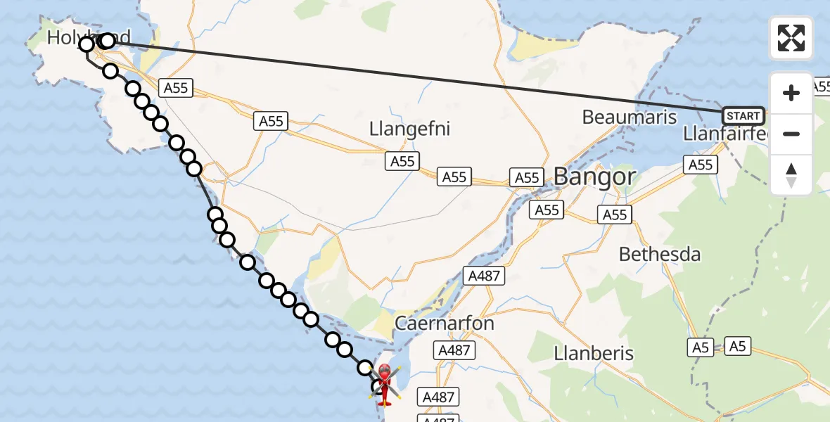 Flight route Air Ambulance Helicopter Llanfairfechan - Caernarfon Airport, 27 August 2026, 12:14