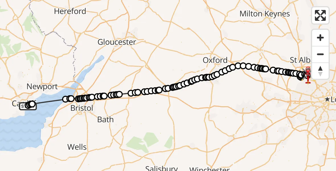 Flight route Air Ambulance Helicopter Cardiff Heliport - Elstree Airfield, 27 August 2026, 12:34