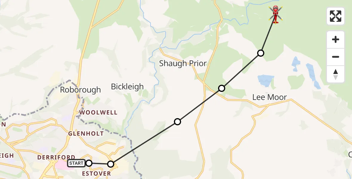 Flight route Air Ambulance Helicopter Derriford Hospital - South Hams, 27 August 2026, 12:50