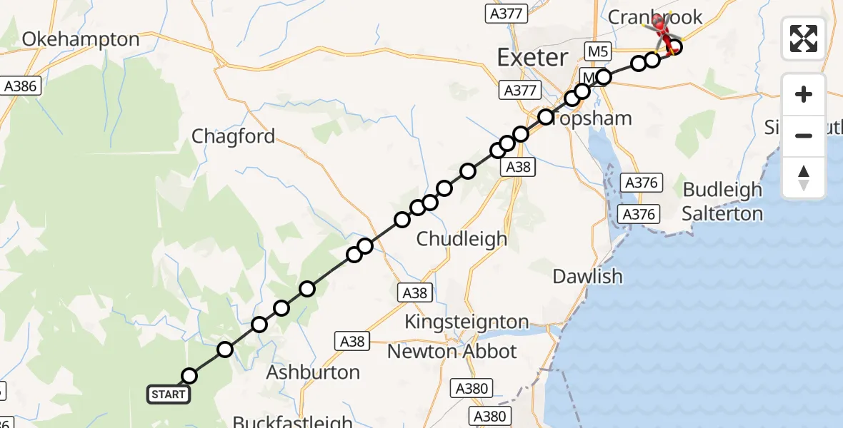 Flight route Air Ambulance Helicopter West Devon - Rockbeare, 27 August 2026, 12:55