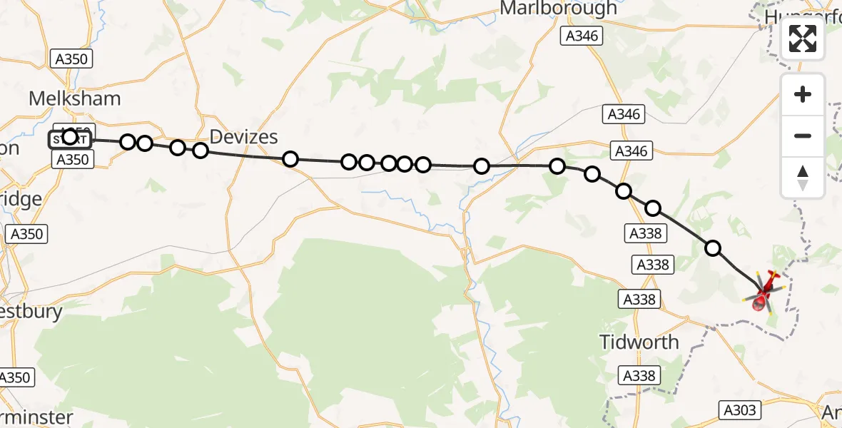 Flight route Air Ambulance Helicopter Wiltshire Air Ambulance - Chute, 27 August 2026, 13:12