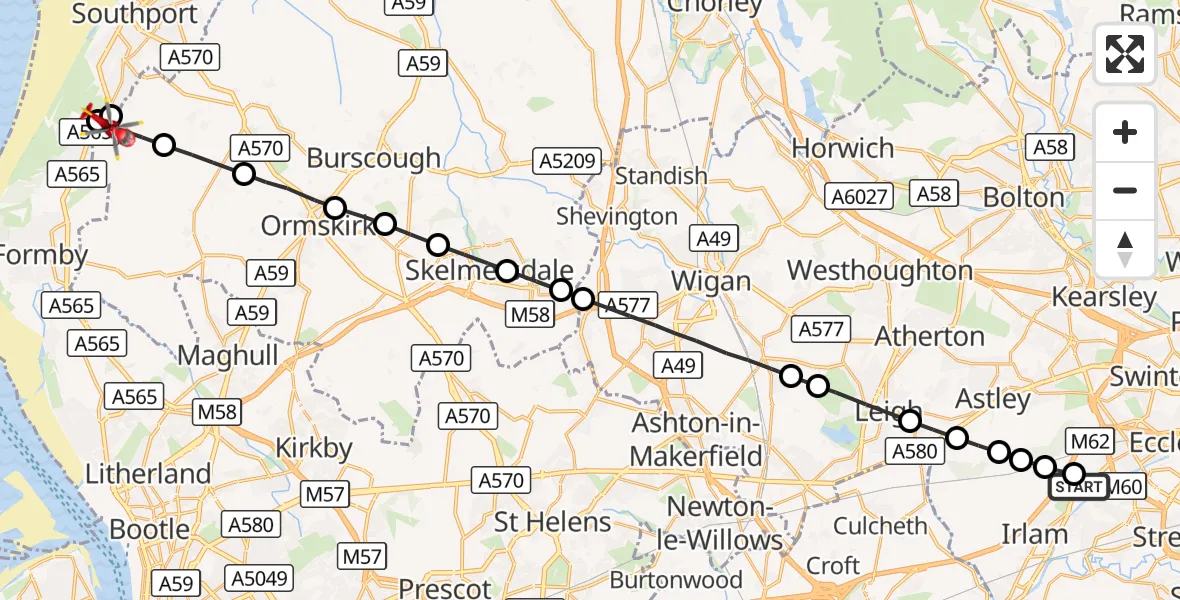 Flight route Air Ambulance Helicopter Manchester Barton Aerodrome - West Lancashire, 27 August 2026, 13:30