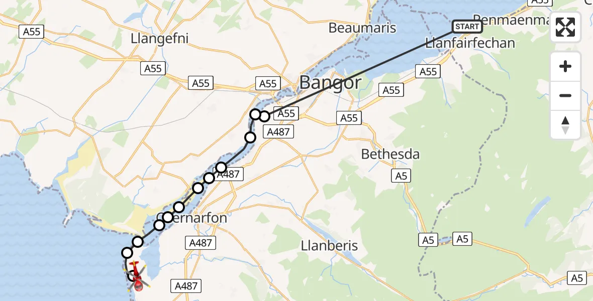 Flight route Air Ambulance Helicopter Llanfairfechan - Caernarfon Airport, 27 August 2026, 13:31