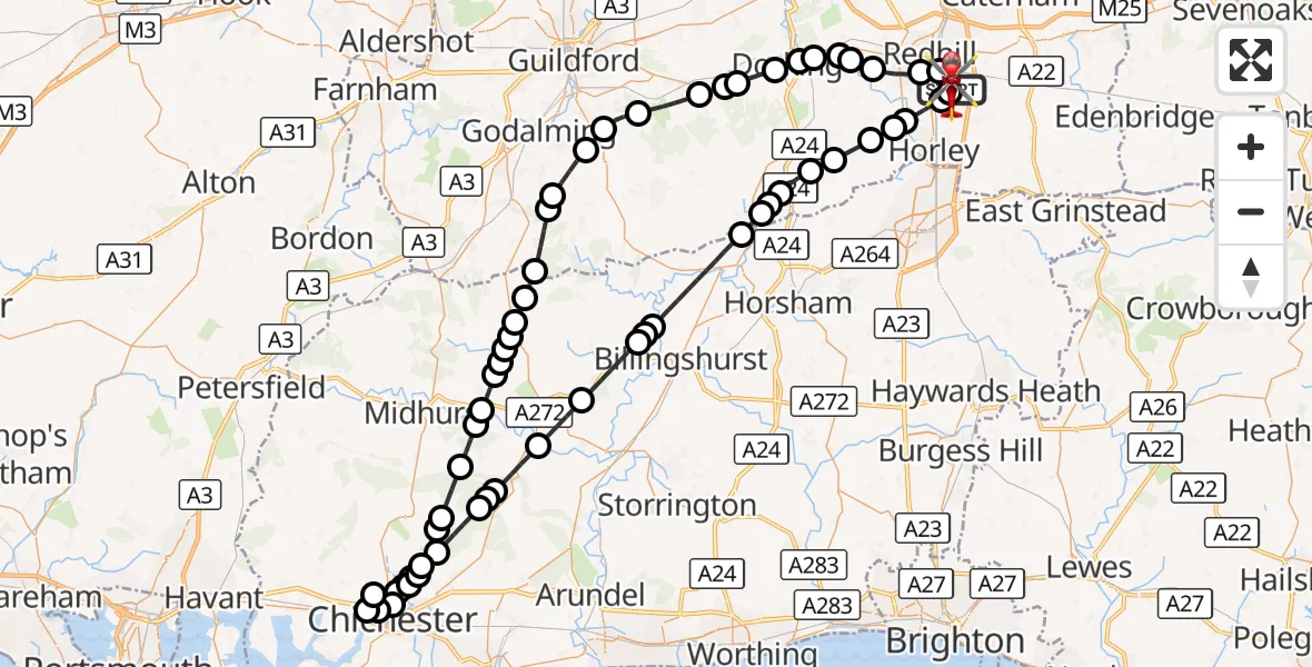 Flight route Air Ambulance Helicopter Redhill Aerodrome - Redhill Aerodrome, 27 August 2026, 13:56