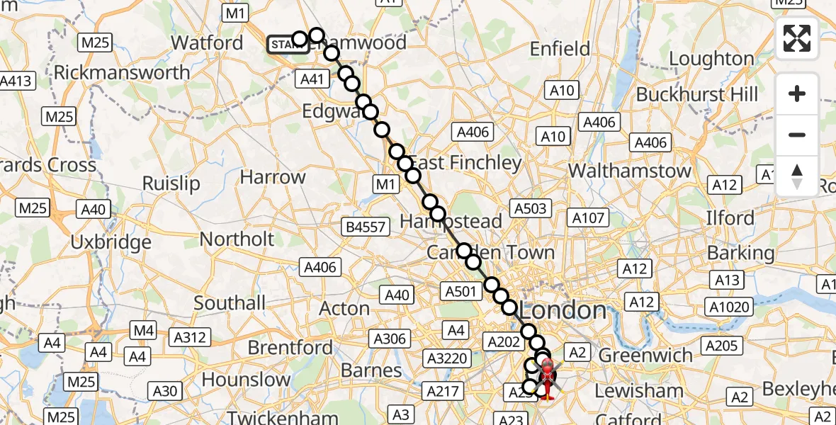 Flight route Air Ambulance Helicopter Elstree Airfield - Kings College London Hospital, 27 August 2026, 13:59