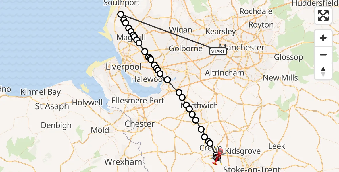 Flight route Air Ambulance Helicopter Manchester Barton Aerodrome - Weston, 27 August 2026, 14:00