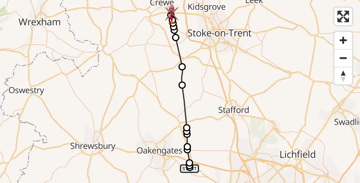 Flight route Air Ambulance Helicopter RAF Cosford - Weston, 27 August 2026, 14:16