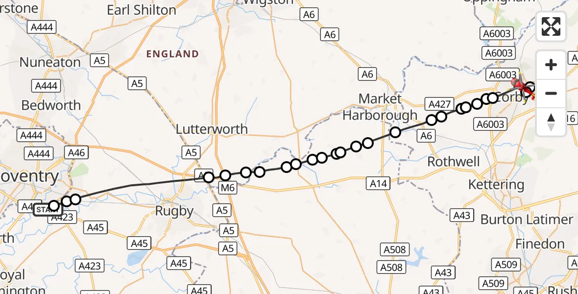 Flight route Air Ambulance Helicopter Coventry Airport - Corby, 27 August 2026, 14:24