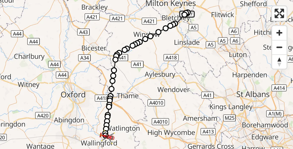 Flight route Air Ambulance Helicopter Fenny Stratford - RAF Benson, 27 August 2026, 15:00