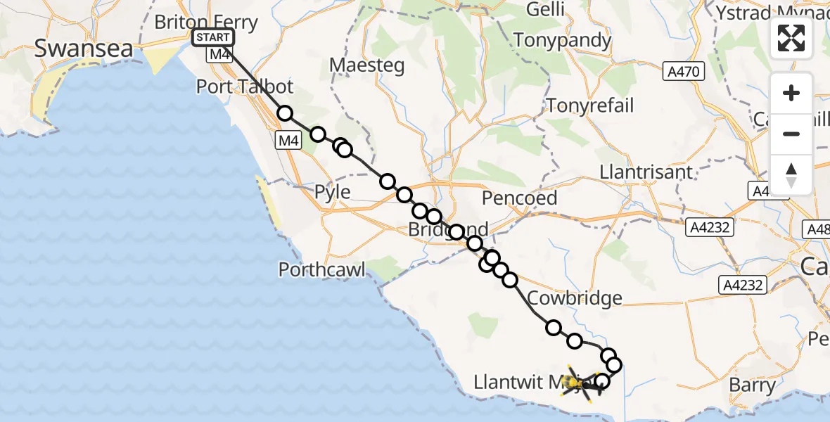 Flight route Police Helicopter Baglan - MOD St Athan, 27 August 2026, 15:00