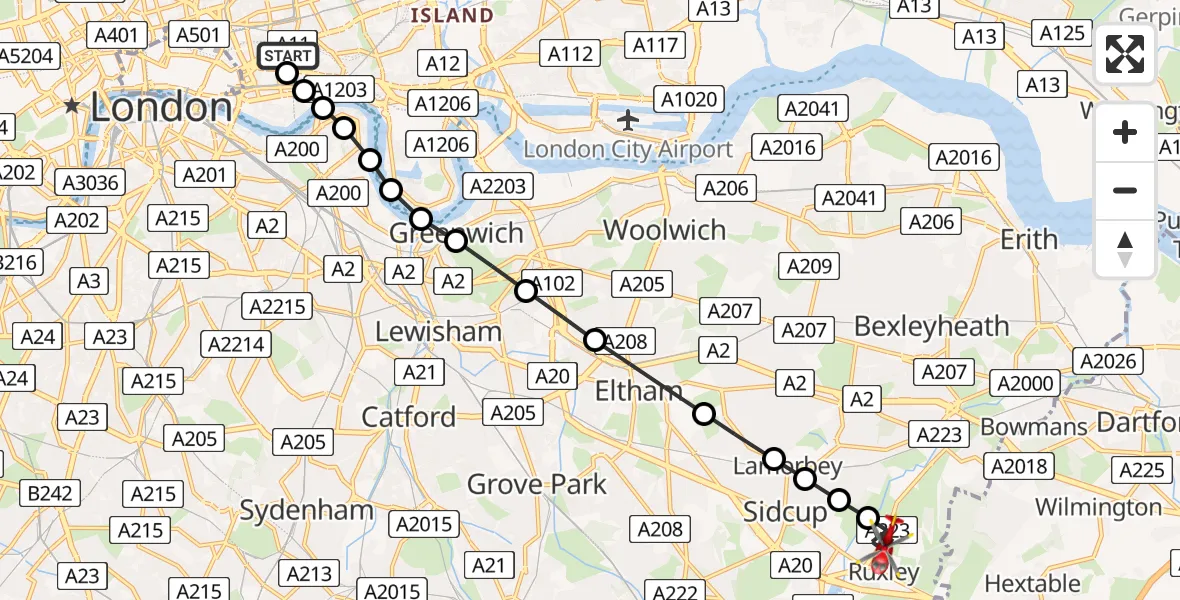 Flight route Air Ambulance Helicopter Royal London Hospital - North Cray, 27 August 2026, 15:14
